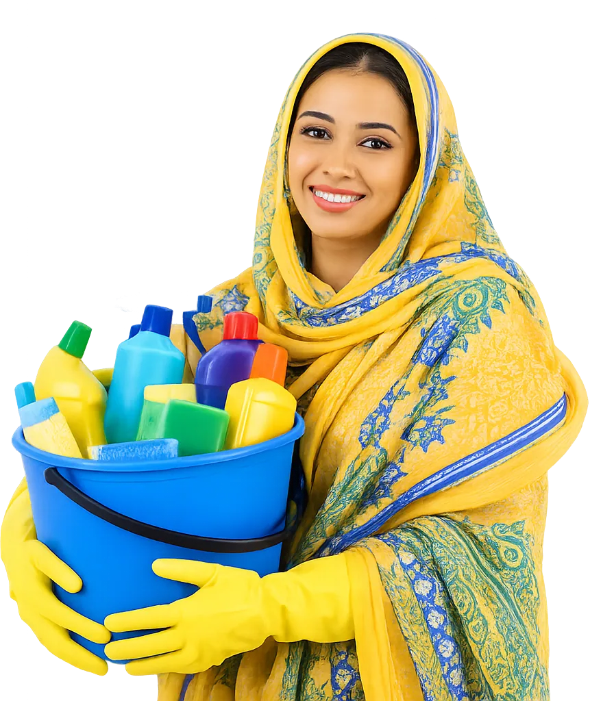 Femme mauritanienne tenant un seau de produits OMI